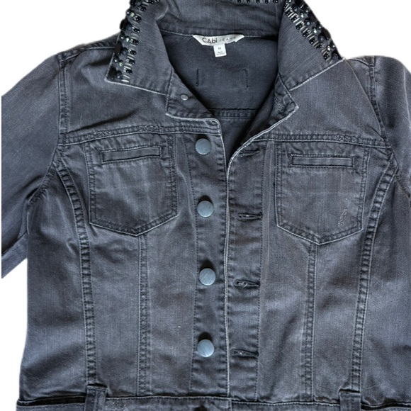 CAbi Jean Black Embellished Collar Denim Jacket Medium Studded Beaded Jean Coat - Picture 1 of 17